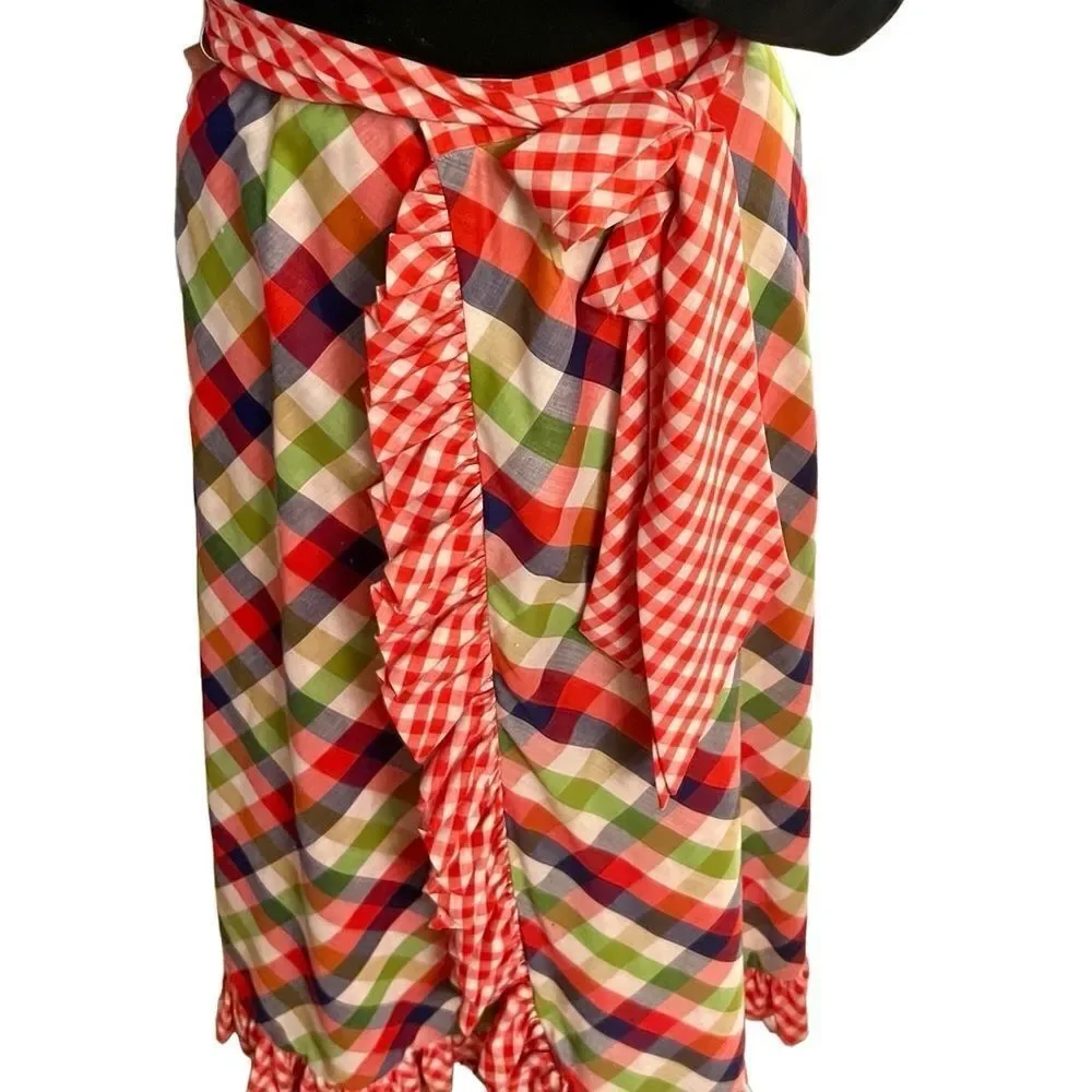 Vtg 70s Red Gingham Plaid Reversible High Waist Ruffle Wrap Full Maxi Skirt L
